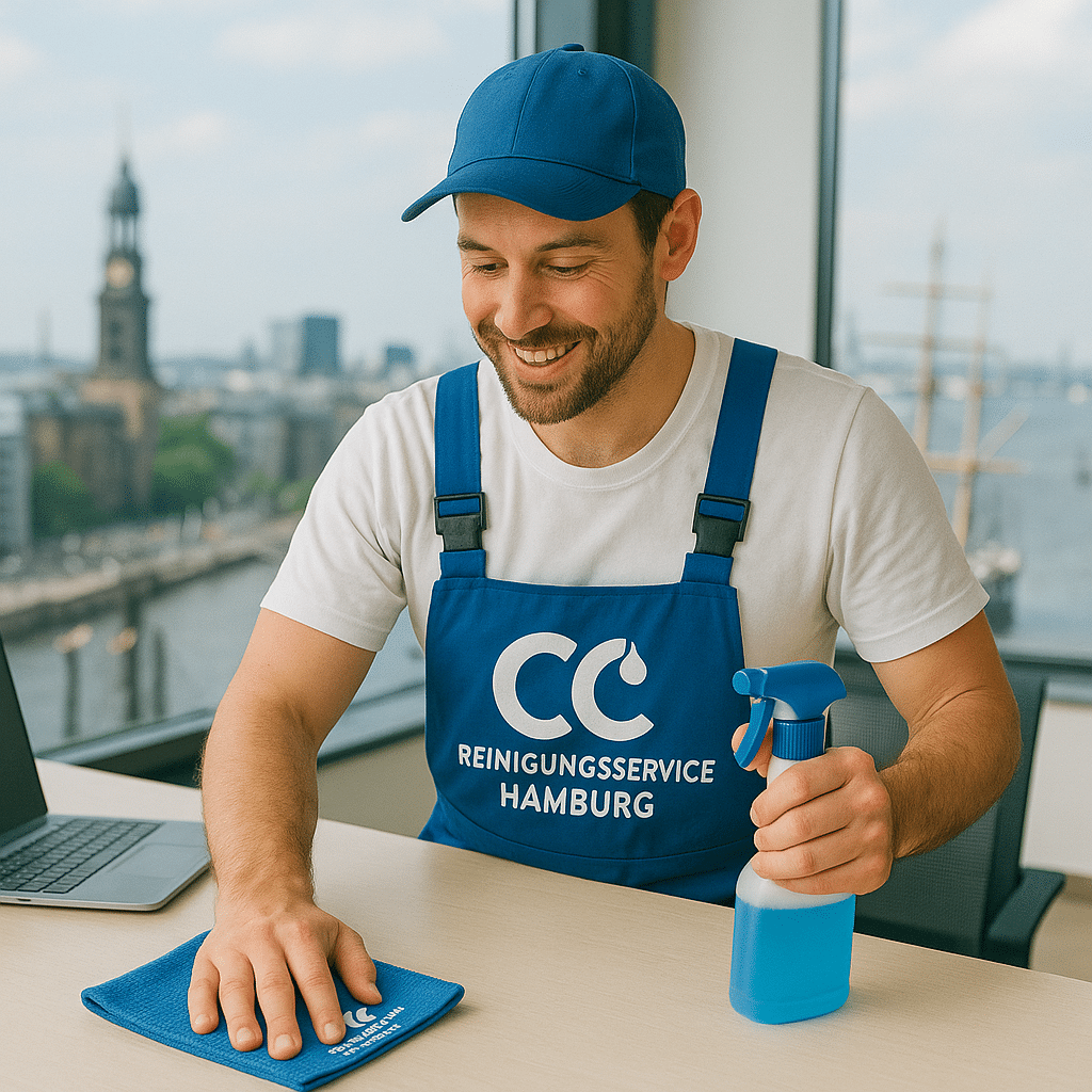 CC Reinigungsservice Hamburg, Reinigungskraft im Zuge der Büroreinigung Hamburg dabei einen Schreibtisch zu wischen