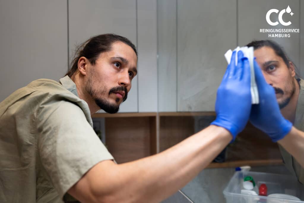 Betreutes Wohnen Hamburg - Professionelle Reinigungskraft reinigt einen Spiegel im Sanitärbereich einer Betreuten Wohneinrichtung